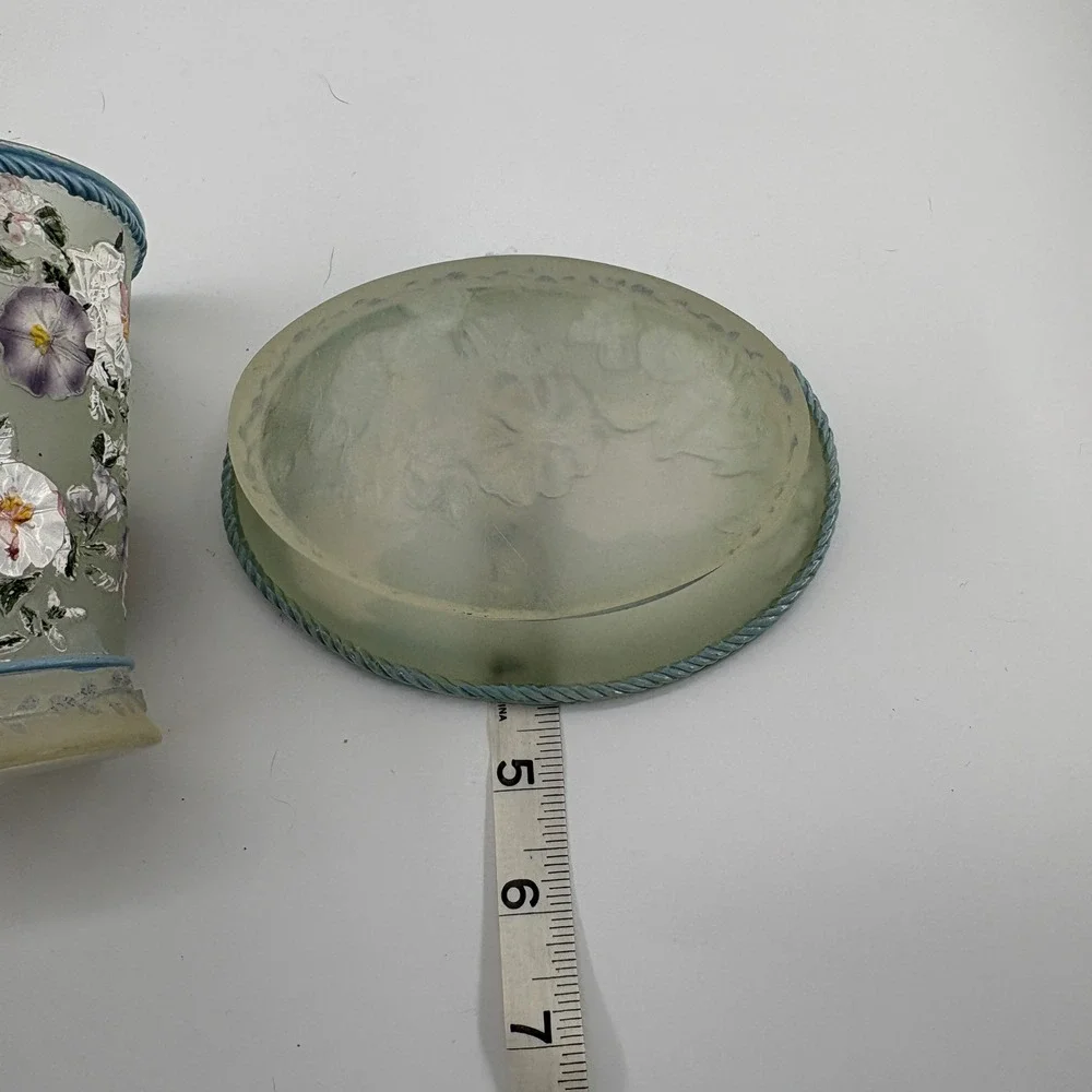 Vtg 80s Ceramic Floral Bathroom Vanity Set Toothbrush Holder Soap Dish Blue 3pc
